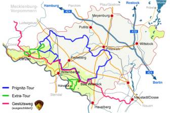 Vorschaubild Reitwanderkarte, Reitkarte, Karte Gestütsweg, vom Brandenburgischen Haupt- und Landgestüt durch das Biosphärenreservat Flusslandschaft Elbe Brandenburg mit Bad Wilsnack und Lenzen bis zum Gestüt in Redefin